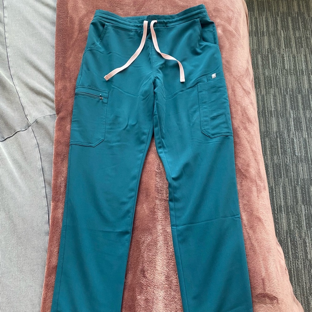 Figs small tall teal with pink drawstring scrubs